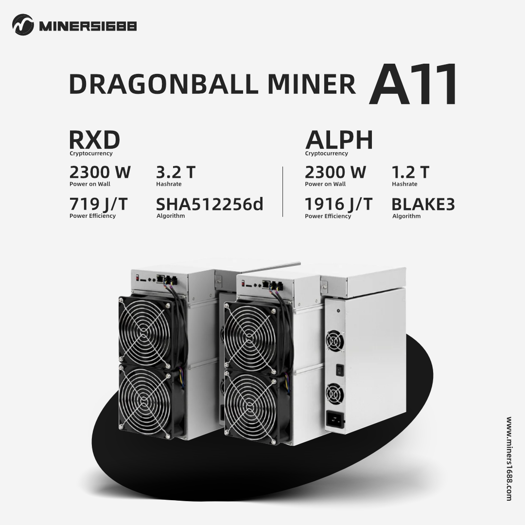 DragonBall Miner A11, a SHA512256d algorithm mining machine with a hashrate of 3.2Th/s and power consumption of 2300W, designed with a durable casing and dual cooling fans.