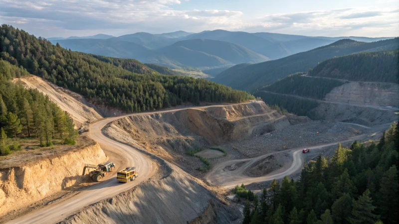 Aerial view of a mining operation in rugged mountains