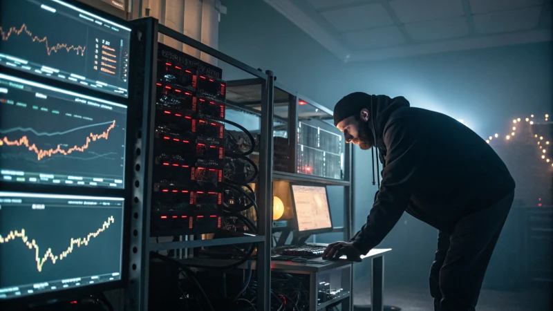 bitcoin miner in dimly lit room