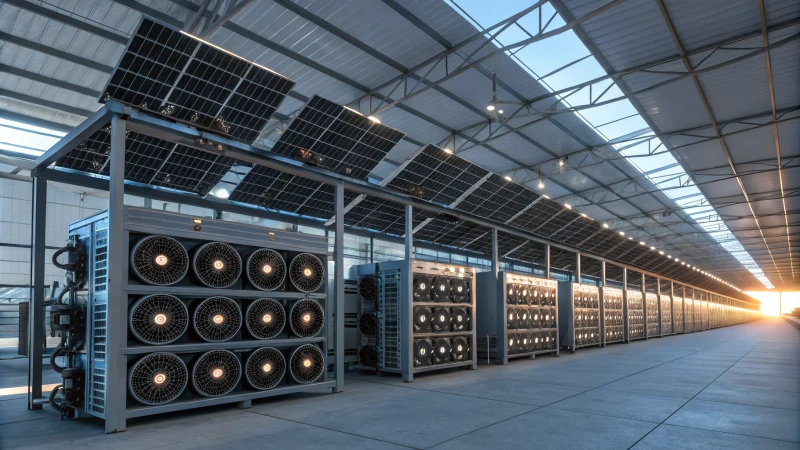 A high-tech Bitcoin mining farm with illuminated rigs