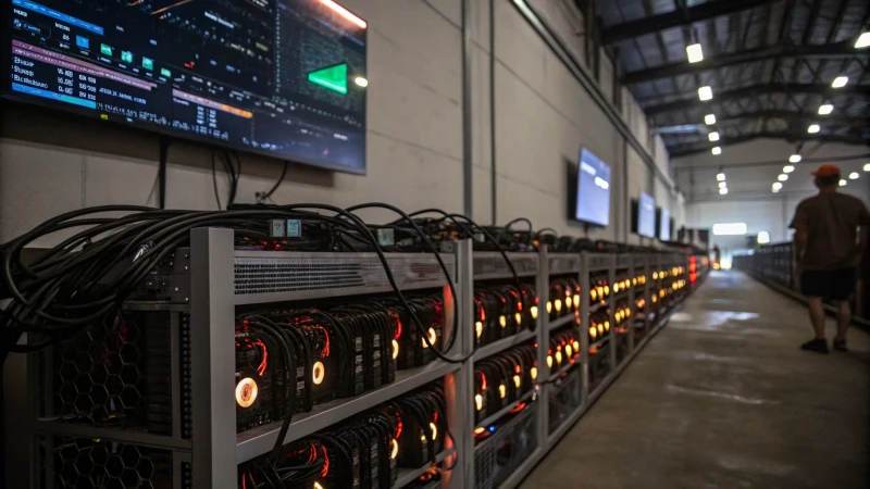 A bitcoin mining operation with ASIC miners and digital displays