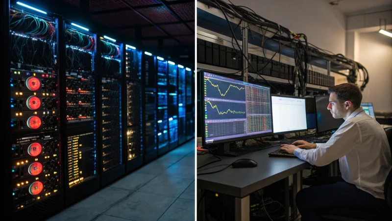 A split image contrasting Bitcoin mining and trading environments.