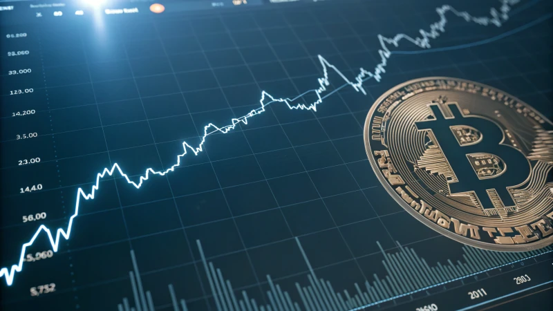 Line graph depicting Bitcoin price fluctuations over time with digital background.