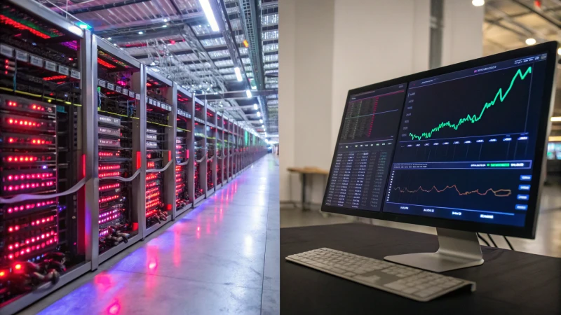 A split image showing a cryptocurrency mining facility and a digital trading platform