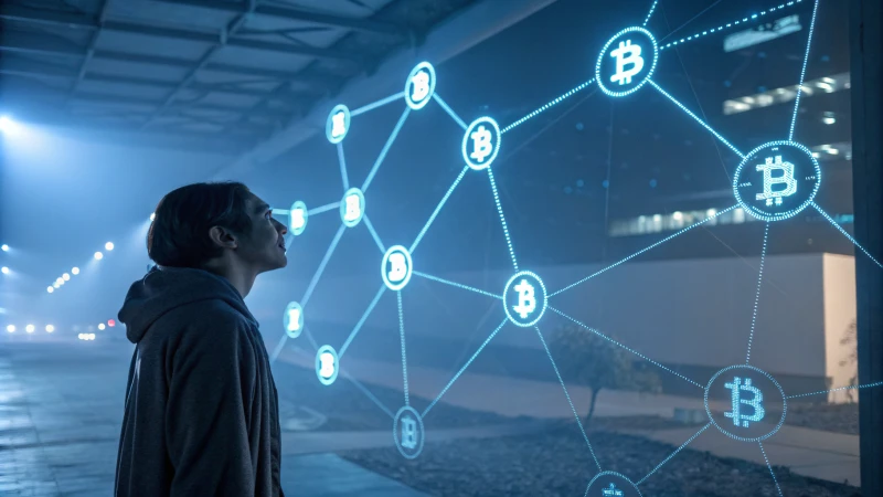 A digital landscape of cryptocurrency mining pools represented as glowing nodes.