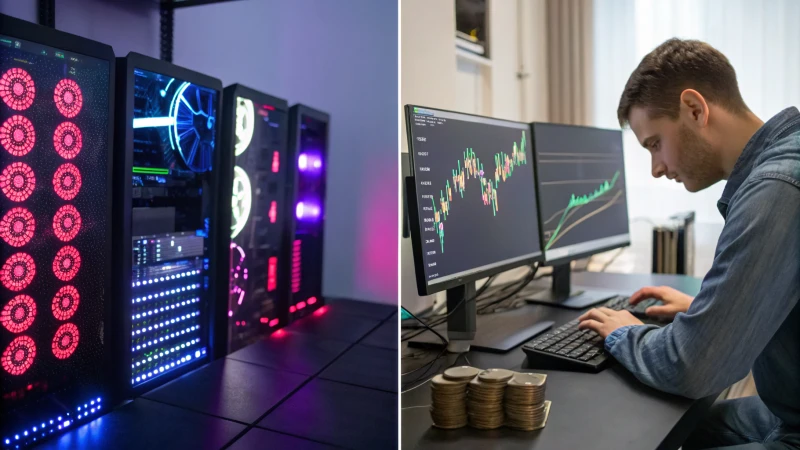 A visual contrast of cryptocurrency mining and trading.