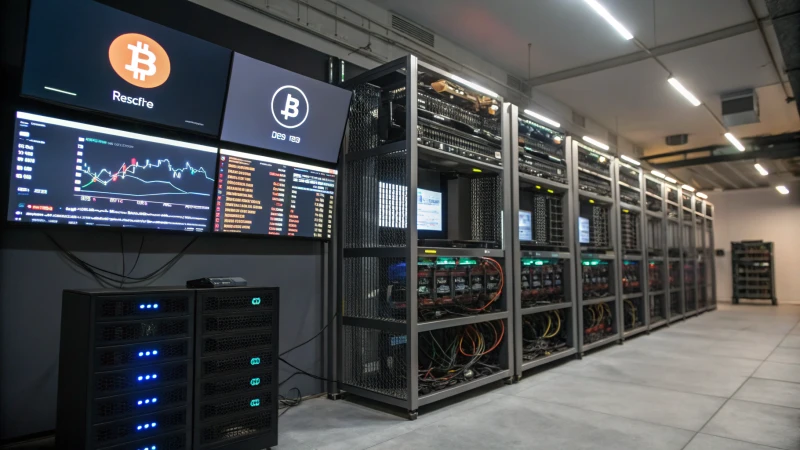 A high-tech cryptocurrency mining room with multiple rigs and digital screens displaying crypto logos.