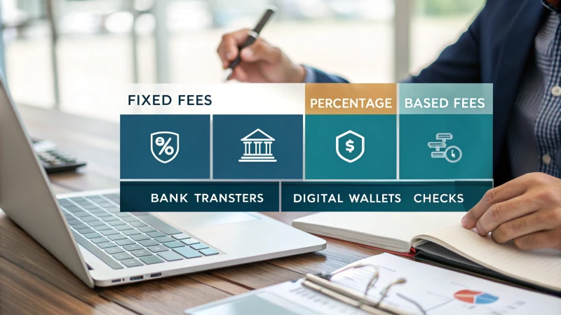 A professional infographic illustrating various fee structures and payout methods