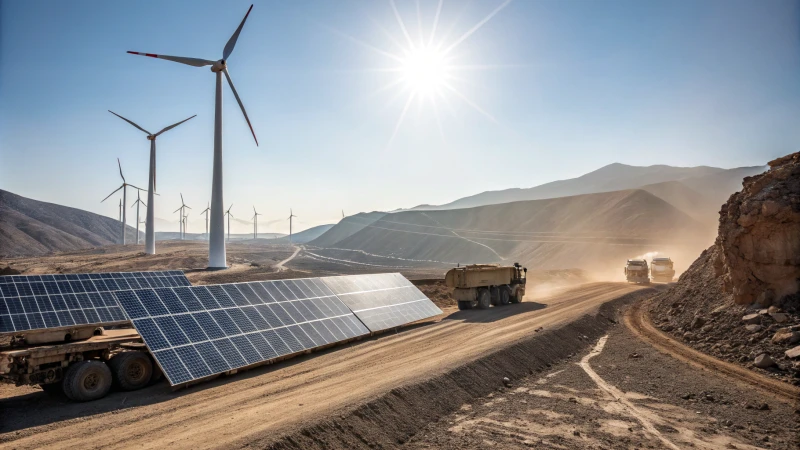 Mining operation with solar panels and wind turbines