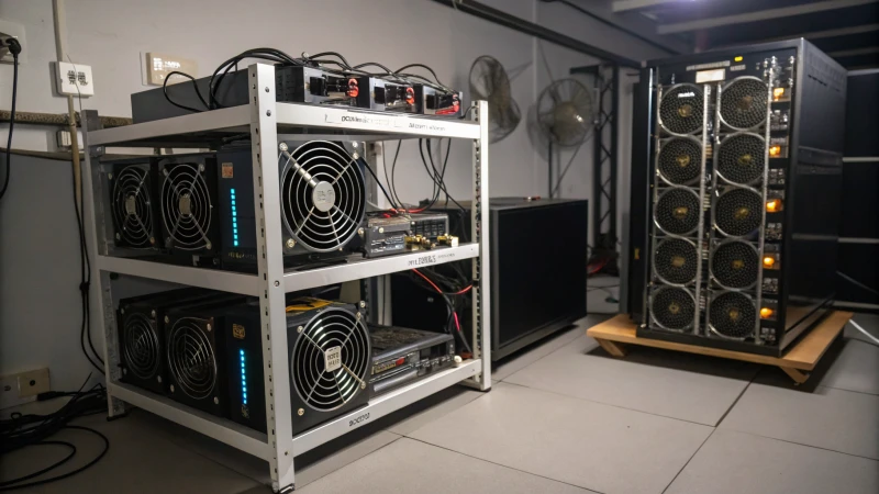 A side-by-side comparison of an ASIC miner and a GPU mining rig in a dimly lit room.