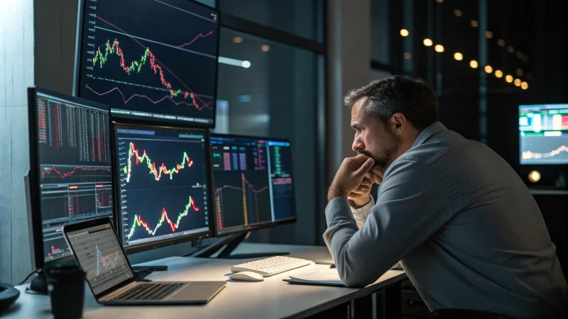 A focused trader analyzing cryptocurrency data in a modern office with multiple screens.