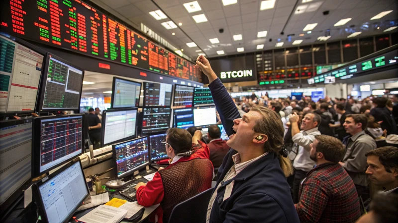 A busy trading floor with traders analyzing Bitcoin price charts