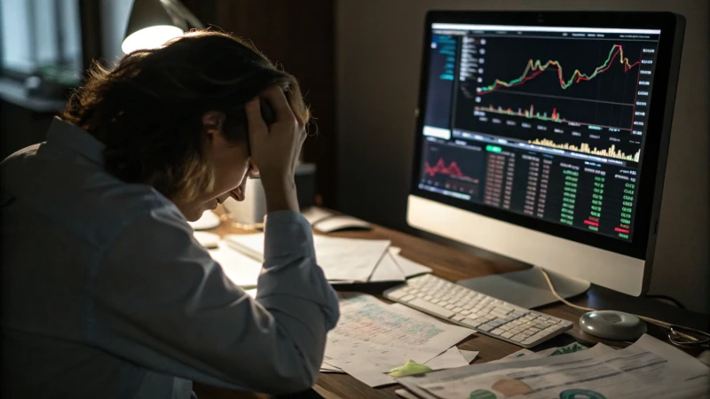 A person showing frustration at a cluttered desk with a computer