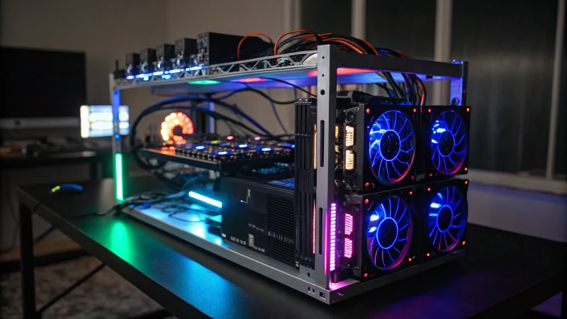 A detailed view of a cryptocurrency mining rig with LED lighting