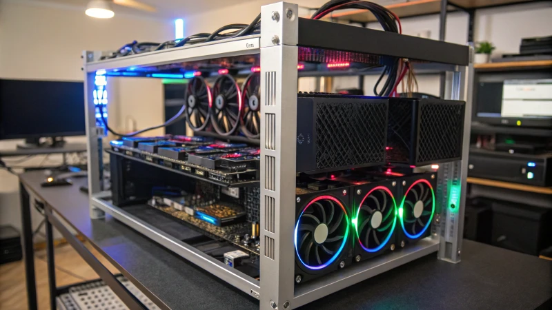 A high-tech cryptocurrency mining rig with vibrant LED lights