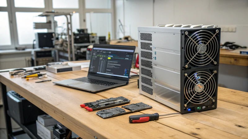 A high-tech workspace with an Antminer S21 XP Hyd mining rig on a polished workbench