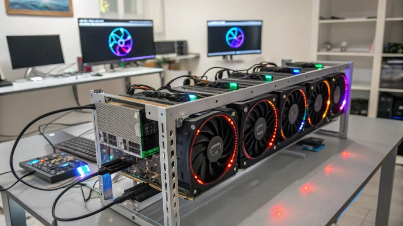 A modern cryptocurrency mining setup with multiple GPUs and bright LED lights