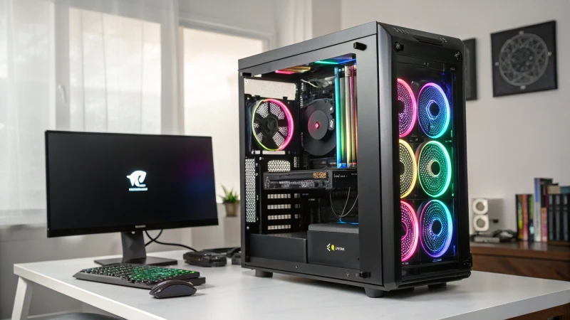 A modern gaming PC with visible liquid cooling tubes and RGB lighting