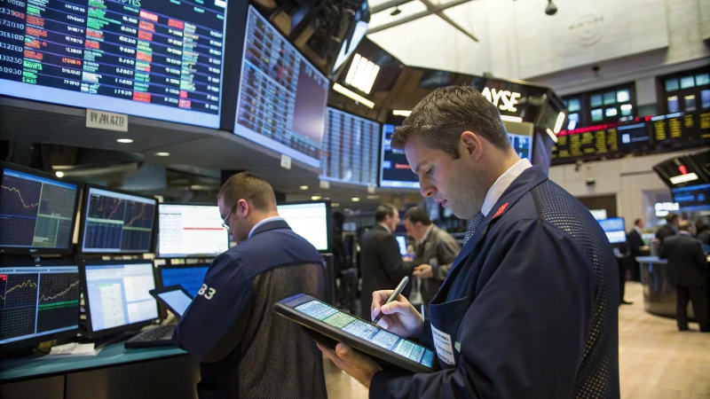 A modern trading floor with traders and screens displaying stock data.