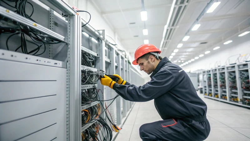 Technician connecting power supply in server room