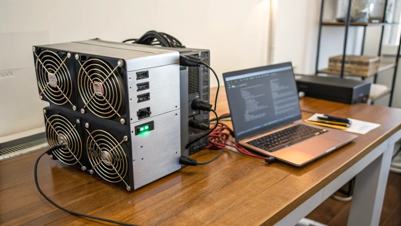 A workspace with an Antminer S21 XP Hyd cryptocurrency miner on a wooden bench.