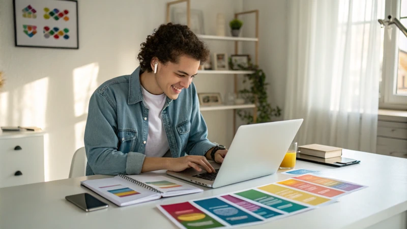 A young adult at a modern desk setting up a laptop with colorful manuals