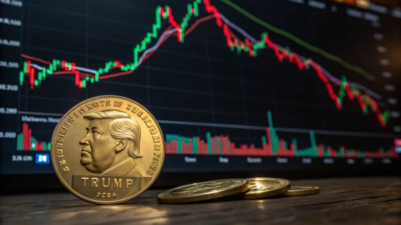 A vivid depiction of cryptocurrency market volatility featuring a glowing $TRUMP meme coin.