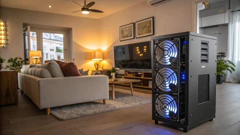 modern living room with mining rig