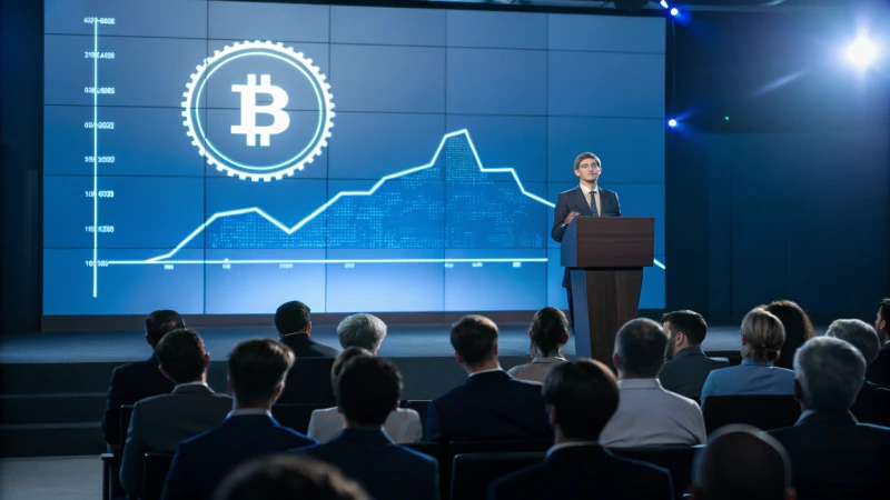 A political figure speaking about cryptocurrencies at a podium