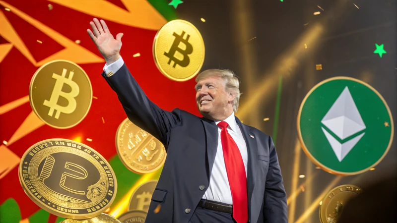 Promotional graphic of Donald Trump with cryptocurrency symbols